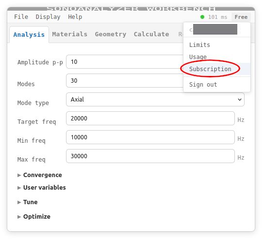 Subscription link in SonoAnalyzer v3 user menu