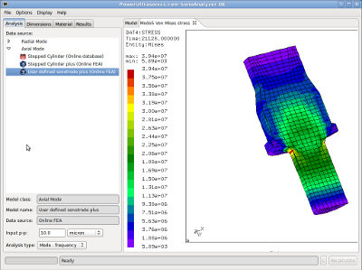 Screenshot of SonoAnalyzer horn analysis software showing Von-Mises stress at 10 micron amplitude